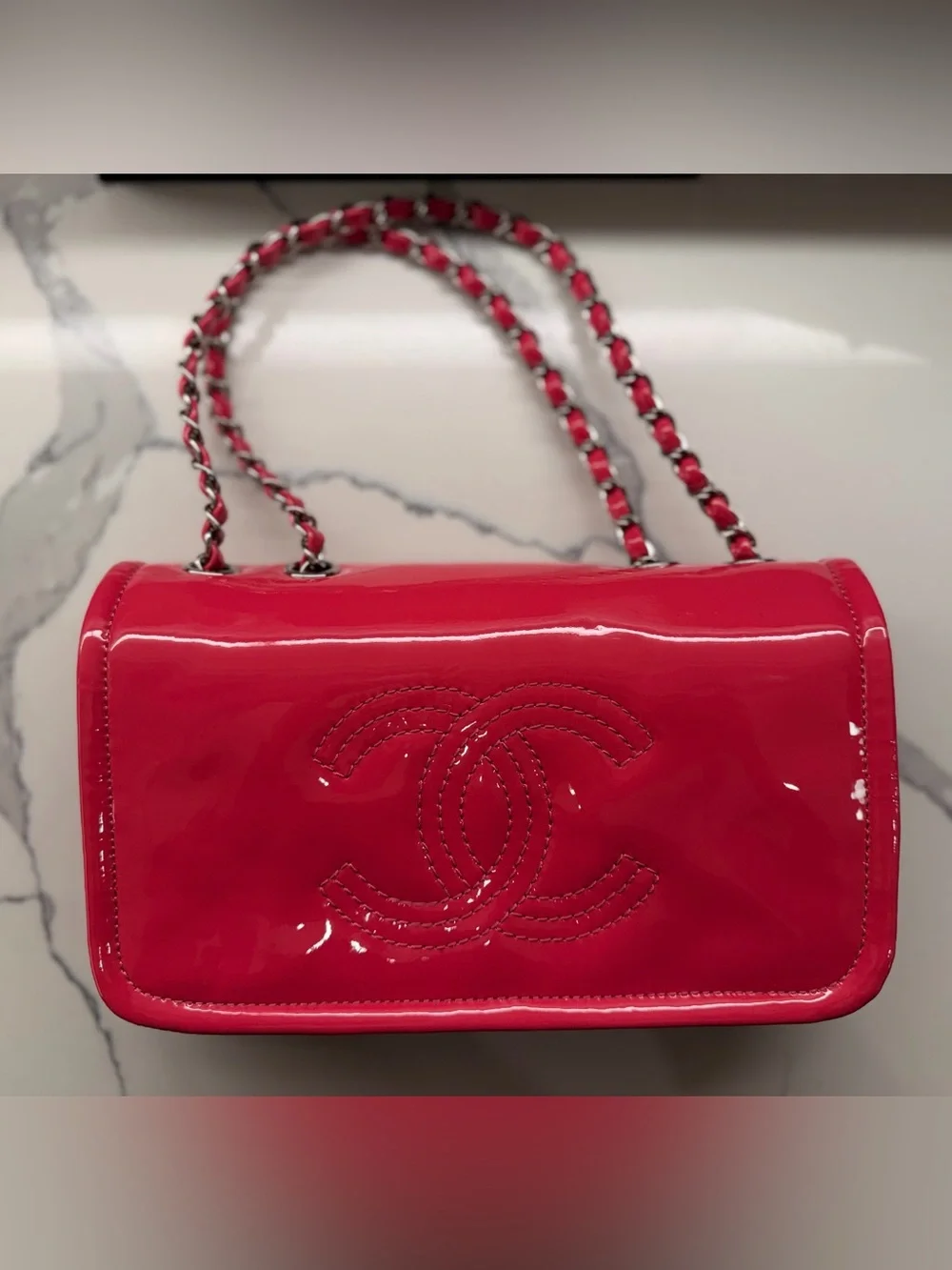 CHANEL Pink Patent Leather Small Flap Shoulder Bag